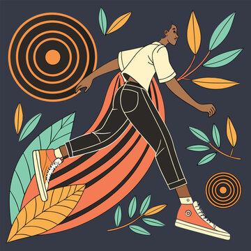 Retro basketball player running with ball on abstract geometric wavy background 80s poster style.