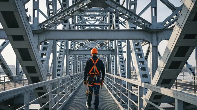Professional male engineer in safety harness performing bridge infrastructure inspection