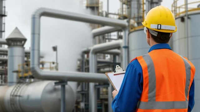 Male Industrial Safety Inspector Conducting Environmental Compliance Audit at Chemical Plant