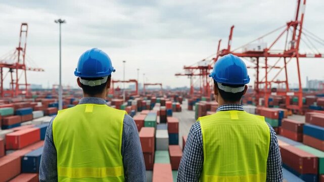 Two Asian Male Port Logistics Managers in Safety Vests Overseeing Container Terminal Operations