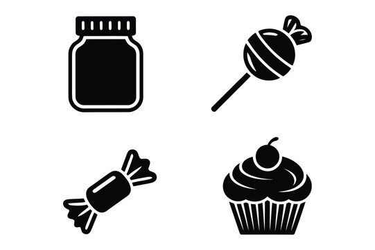 Sweet food dessert icons featuring jar lollipop wrapped candy and cupcake