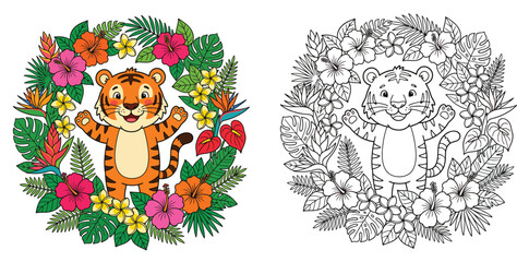 Obraz premium Happy Tiger Cub in a Vibrant Tropical Floral Wreath - Cute Cartoon Illustration with Exotic Flowers