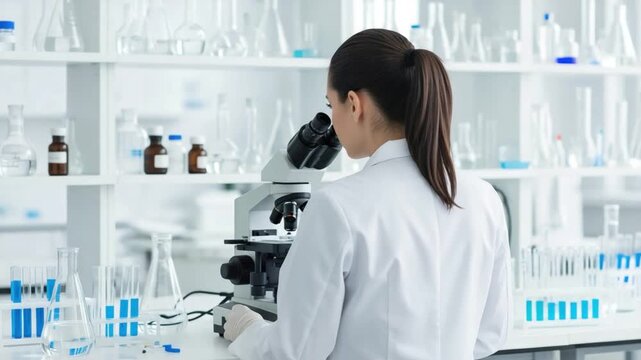 Young Caucasian female scientist using microscope for clinical pathology research in laboratory