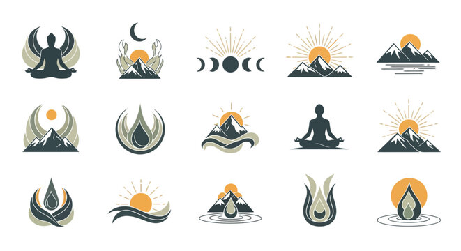Collection of spiritual and nature-inspired logos featuring meditation, mountains, sun, moon, and water elements.