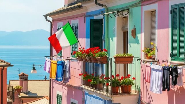 Colorful Mediterranean Coastal Apartment Balcony with Italian Flag and Laundry Hanging on Sunny Summer Day