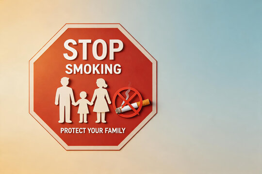 This is a octagonal red stop smoking sign with a family silhouette and no smoking symbol, aiming to remind people to quit smoking to protect their family health.