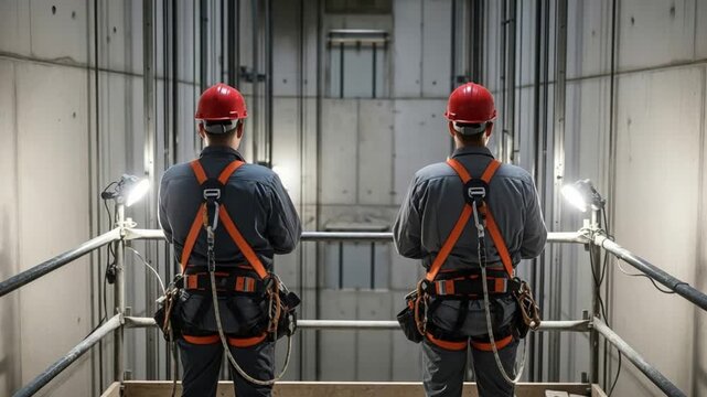 Two Male Elevator Technicians in Safety Harnesses Inspecting a Lift Shaft