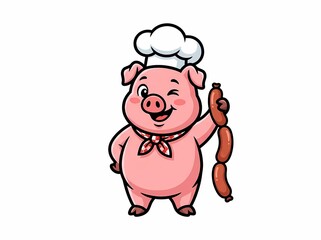 Fototapeta premium Cute Cartoon Pig Chef Holding Sausages Illustration.