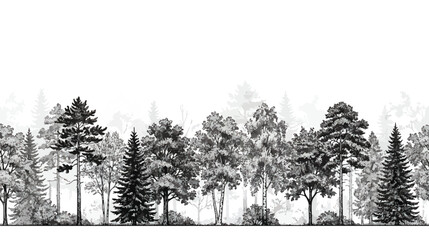 Vintage pine forest sketch vector, hand drawn coniferous trees border, monochrome woodland landscape illustration, black and white nature background © Shahzad