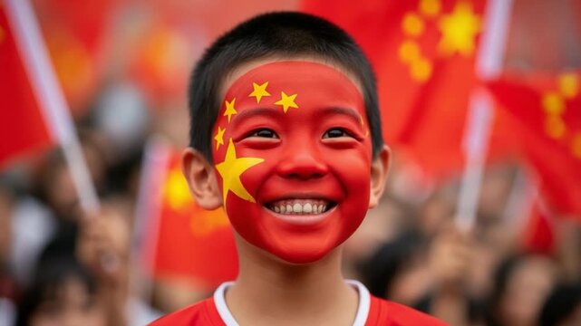 Young Asian Boy with Chinese Flag Face Paint Celebrating National Pride and Patriotism at Public Event