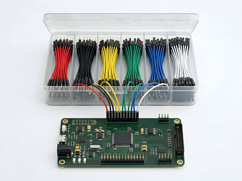 Electronic jumper wire kit with assorted colors and breadboard setup