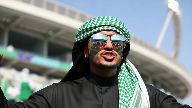 Young Saudi Arabian man cheering with face paint and traditional headscarf at a sports stadium