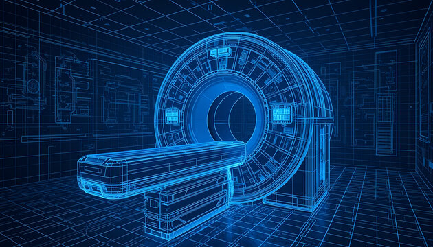 Medical scanner equipment sits inside a diagnostic room rendered with a detailed blue wireframe mesh to represent advanced healthcare technology and modern clinical imaging diagnostic procedures.