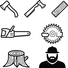 Fototapeta premium Black and white line of woodworking tools including an axe a saw a wooden plank a chainsaw a circular saw a tree stump and a bearded lumberjack wearing a hat on a white background