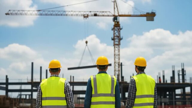 Three male engineers in safety vests and hard hats conducting a site inspection at a construction project