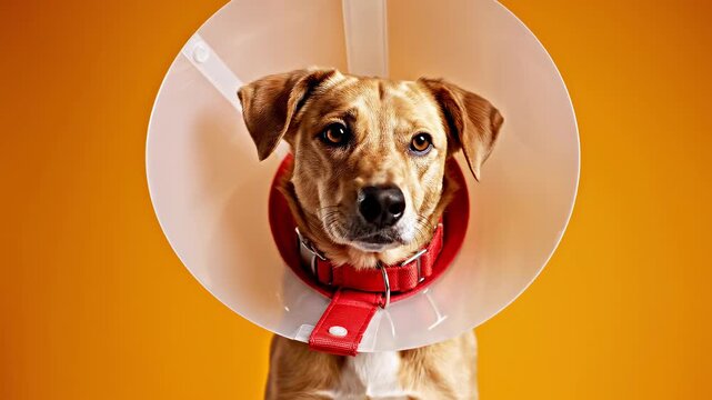 Cute brown dog wearing a protective plastic cone after surgery on orange background.