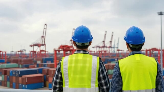 Two male port logistics managers overseeing intermodal freight operations at a container terminal