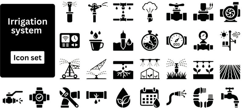 Silhouette vector of Irrigation system icons set. Irrigation system silhouette icons set. Drip irrigation, sprinkler system, pivot irrigation, pump station, water flow control, crop watering. 