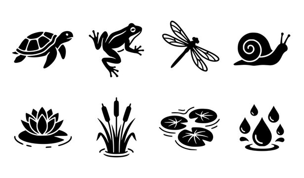 Pond Life Icons Vector Set with Turtle Frog Dragonfly and Water Plants