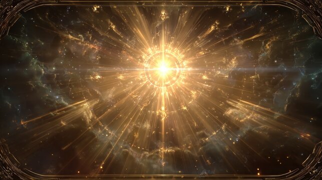 High end fantasy game UI background with asymmetrical golden light burst, soft diagonal beams, arcane interface lines, cinematic premium glow, warm metallic tones and dark vignette atmosphere