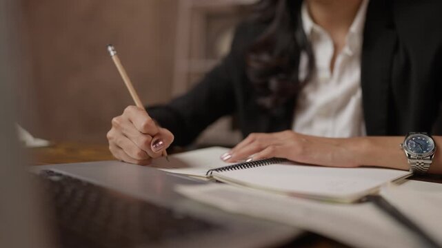 Adult woman writing notebook at desk office hand pencil business work planning, woman writing in notebook at desk in office with laptop and wristwatch, professional work scene focused hands