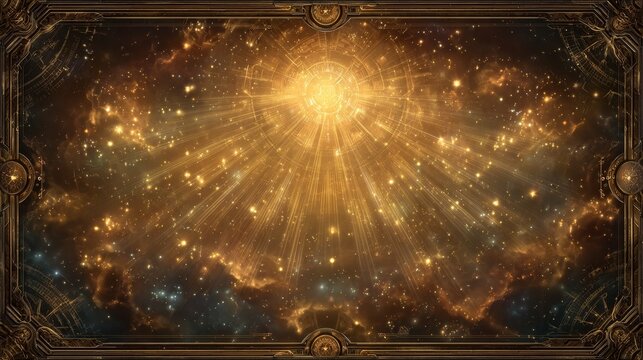 High end fantasy game UI background with asymmetrical golden light burst, soft diagonal beams, arcane interface lines, cinematic premium glow, warm metallic tones and dark vignette atmosphere