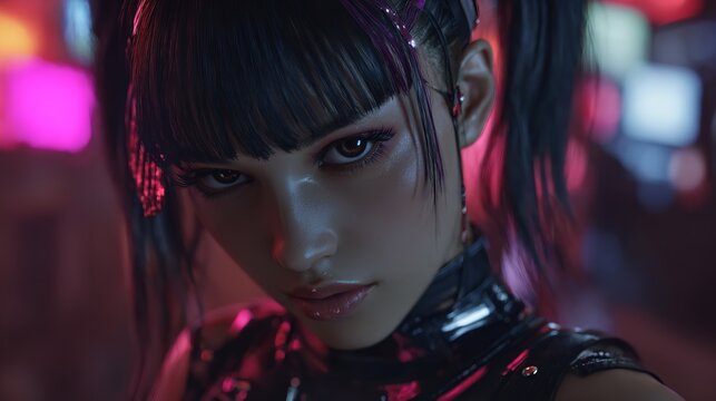 Closeup Portrait of Young Woman with Red Eyes and Dark Makeup
