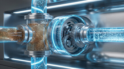 Obraz premium Industrial filtration system processing liquid through gears and pipes