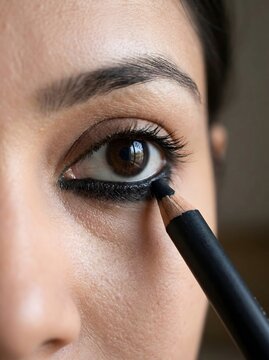 Macro Close-Up of Woman Applying Black Kohl Eyeliner Pencil to Lower Lash Line on Olive Skin