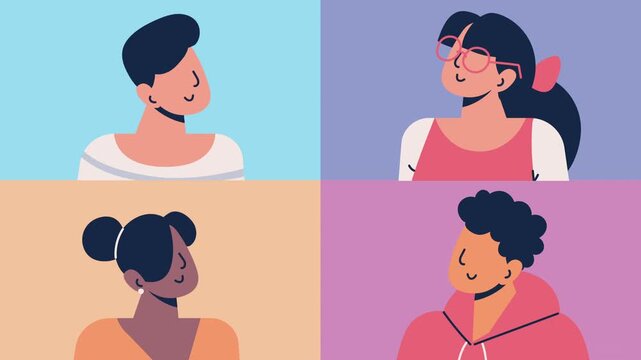 People video conference animation showing group of diverse characters in split screen grid layout.