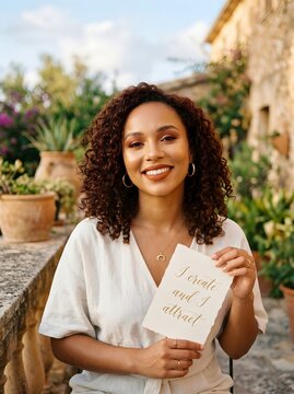 Smiling Mixed-Race Woman with Curly Hair Holding Manifestation Affirmation Card Outdoors in Mediterranean Garden