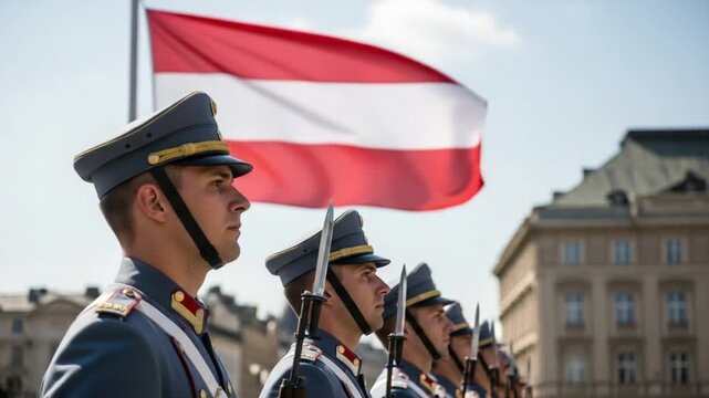 Young male soldiers in formal military uniform standing in a line with a national flag in the background