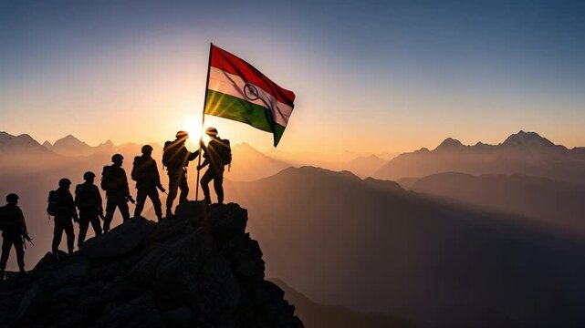 Group of Indian soldiers standing on mountain peak holding national flag at sunrise, military victory concept