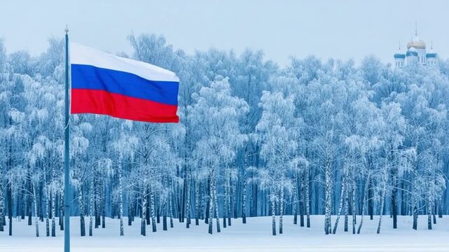 Russian flag waving in a snowy winter birch forest with orthodox church dome in background