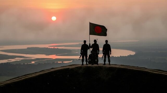 Silhouetted Soldiers Standing on Hilltop Holding National Flag at Sunset Over River Landscape