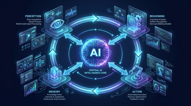 Central AI intelligence core diagram with machine learning and automation data processes