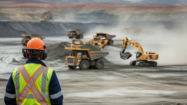 Environmental safety officer monitoring dust mitigation at an open pit mining site