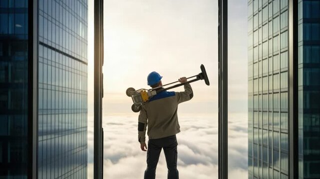 Male skyscraper maintenance technician carrying glass lifter tool above clouds between buildings