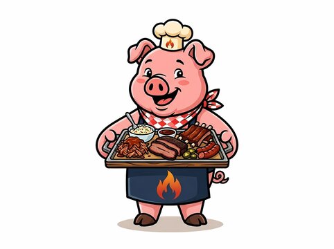 Cute Pig Chef Holding a Platter of Delicious Barbecue Meat.