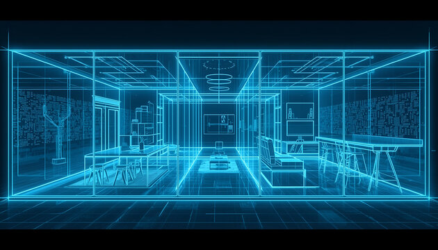 Architectural floor plan illustrates a modern living space through a glowing blue wireframe model that defines the interior layout and structural design elements of a contemporary apartment home.