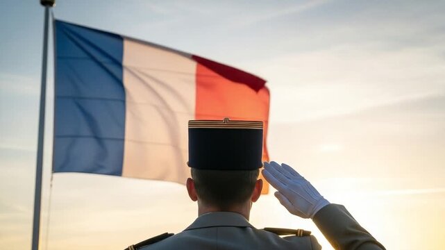 French soldier in uniform saluting national flag at sunset, military officer paying respect to country