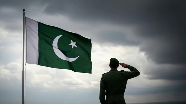 Pakistani soldier in uniform saluting national flag against dramatic cloudy sky representing patriotism and military duty