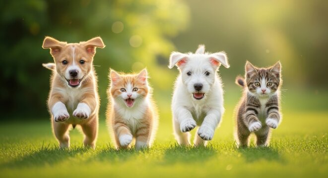 Group of cute puppies and kittens running together in a sunny green meadow.