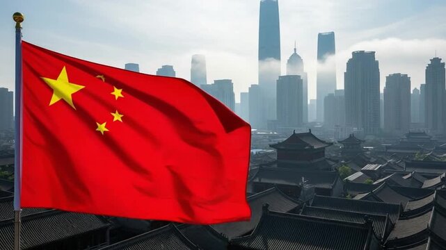 Chinese flag waving over traditional rooftops and modern skyscraper skyline in a developing Asian metropolis