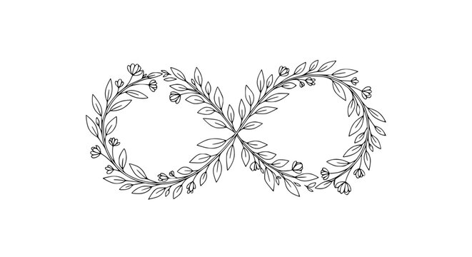 Elegant floral infinity symbol illustration, delicate leaves and blossoms, hand-drawn sketch on white background.