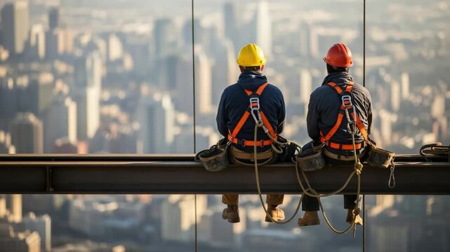 Two male ironworkers wearing safety harnesses and hard hats sitting on a steel beam high above a city
