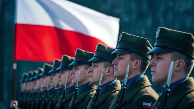 Line of Young Male Soldiers in Uniform Standing in Formation with National Flag Background