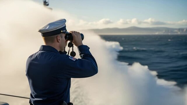 Caucasian male naval officer monitoring ocean with binoculars on a vessel for border security