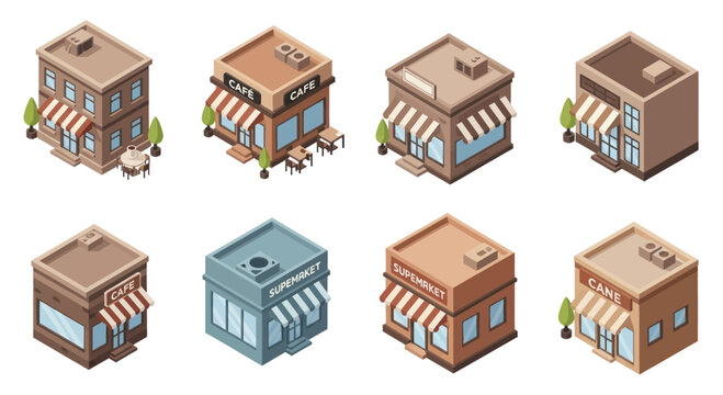 Isometric Collection of Diverse Commercial Buildings and Shops.