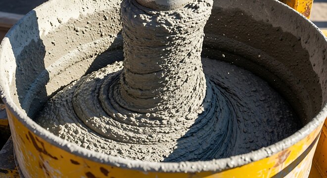 Heavy machinery mixes thick, wet construction material inside a rotating industrial container
